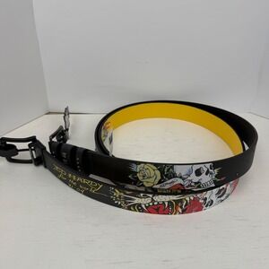 2 Ed Hardy Mens Tattoo Graphic Leather Belt Black Multi Skulls Roses Size 36